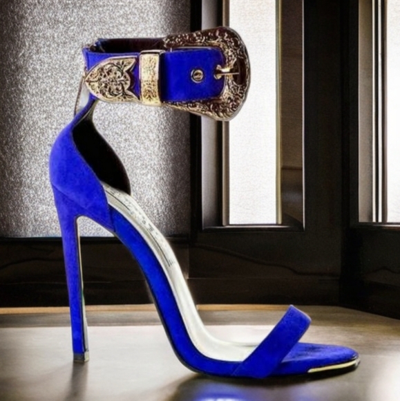 🍋 Jennifer Le blue suede & gold buckle heels 36 - Picture 2 of 13